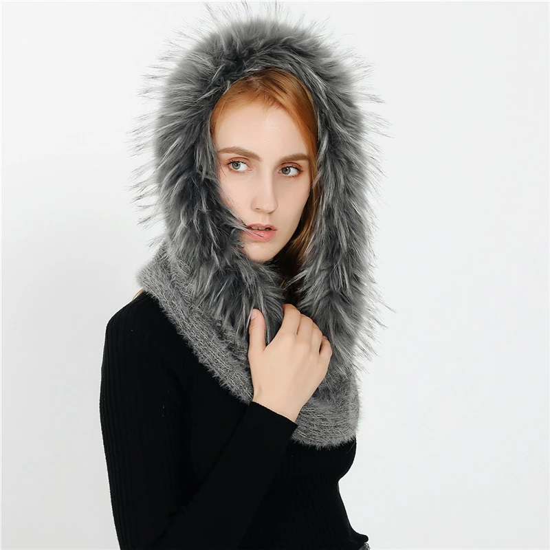 

IANLAN Winter Womens Dual Use Hood Scarf Faux Fur Soft Neckerchiefs Ladies Knit Woolen Rings Style Mufflers IL00297