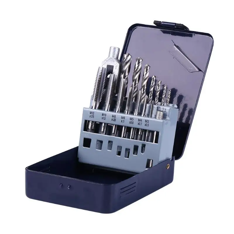 

Portable 15pcs/Set M3 M4 M5 M6 M8 M10 M12 Spiral Point Simple Screw Taps M3-M12 Drift Holder Steel Drill Bits Hand Tools