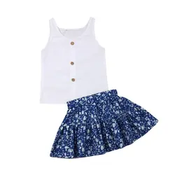 Одежда для маленьких девочек, топы без рукавов с пуговицами + юбка с цветочным рисунком, комплект из 2 предметов, летний костюм, повседневные