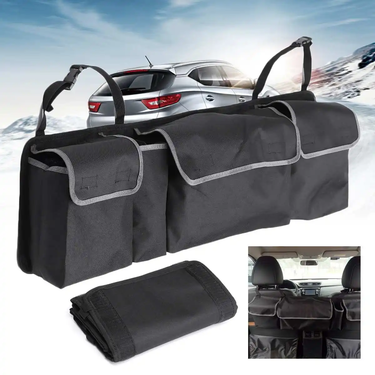 

Foldable Car Truck Seat Back Storage Bag Oxford Cloth Backseat Multi-Pocket Organizer Large Capacity Durable 90x12x25cm Black