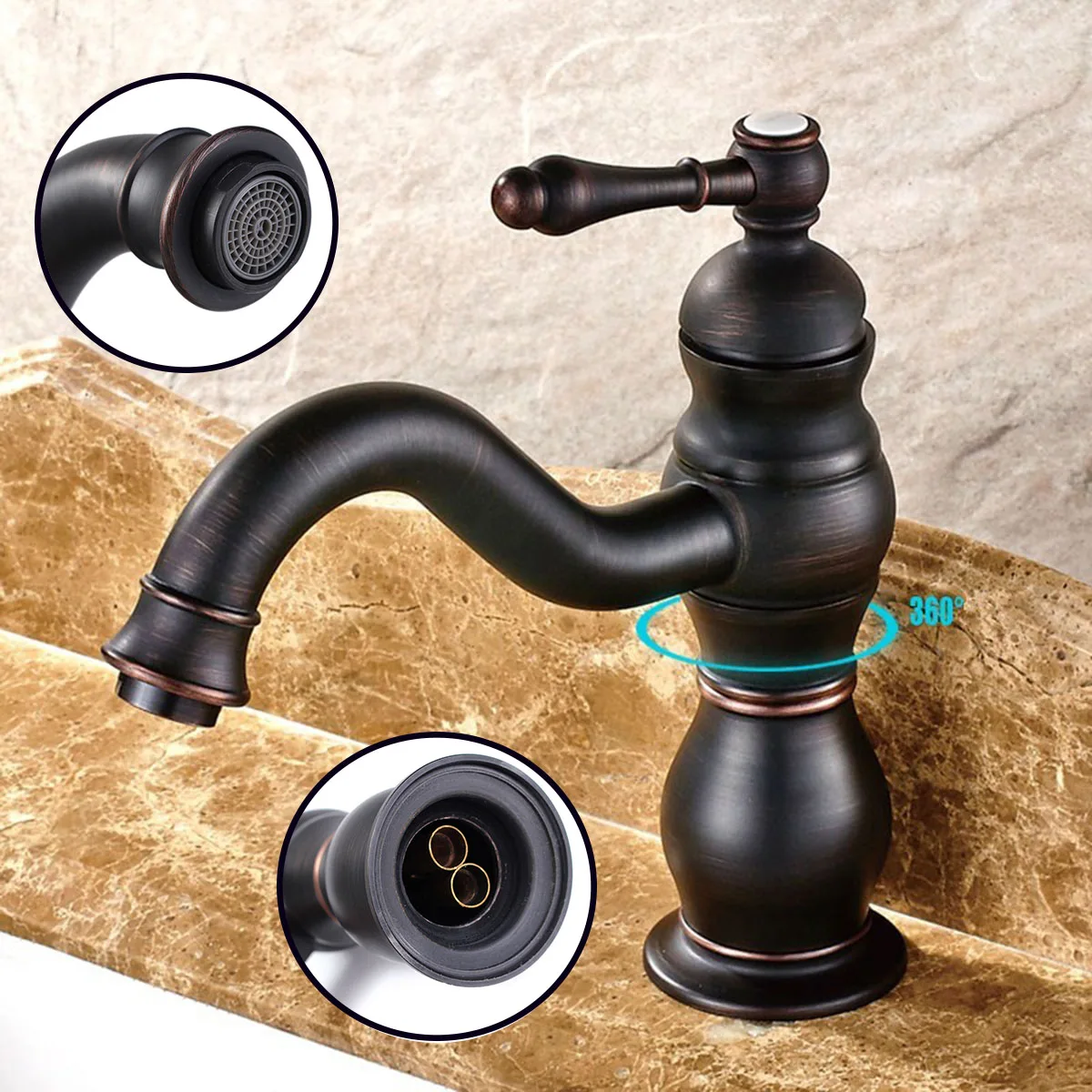 

Black Antique Bronze Single Handle Basin Faucet 360Rotation Hot and Cold Water Bathroom Mixer Tap Basin Faucets Deck Mounted