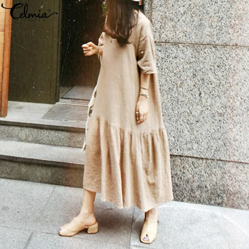 

2019 Summer Celmia Women Vintage Long Shirt Dress Casual Half Sleeve Pleated Maxi Dresses Solid Beach Vestidos Robe Plus Size