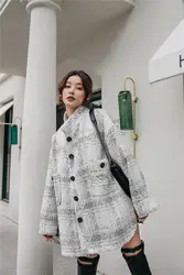 2019 для женщин Мода асимметрия негабаритных Верхняя одежда Весна с длинным рукавом длинная куртка элегантный стенд воротник плед пальт