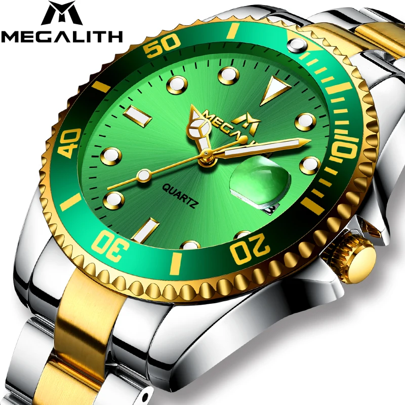 

MEGALITH Quartz Watch Mens Waterproof Calendar Fashion Wristwatch Casual Top Brand Luxury For Men Stainless Steel Band Watches