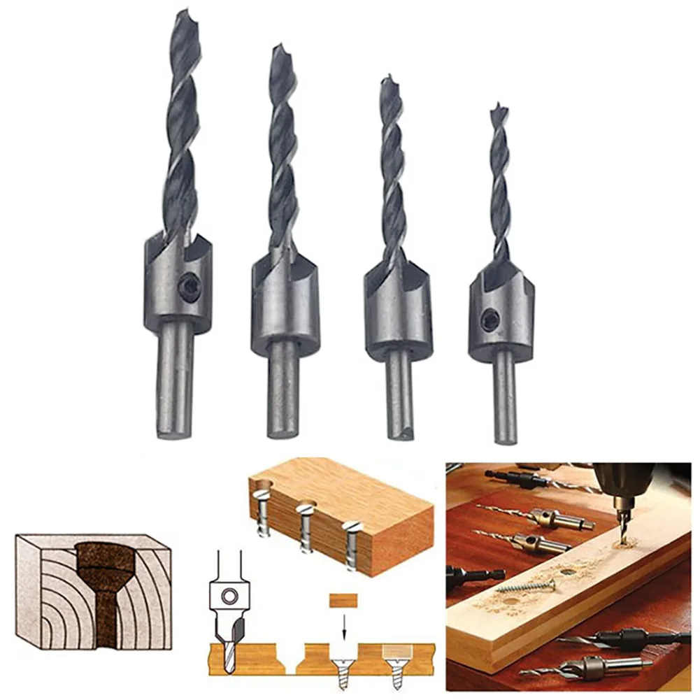

4Pcs Drills Countersink Drill Bit Set Three Tips Countersunk Head Woodworking Chamfering Device High Quality With Allen Wrench