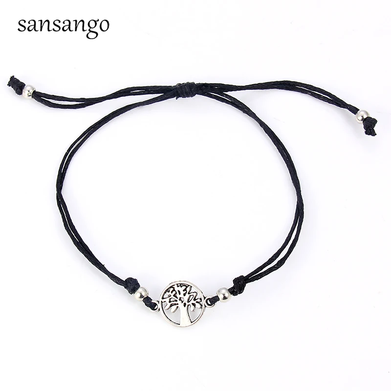 Antique Silver Tree Of Life Shape Alloy Charm Bracelet Cord Bangle Women Men 12 Pcs
