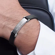 Мужской браслет из натуральной кожи черного цвета с дизайном идентификационной бирки из нержавеющей стали с гравировкой 8,5 дюйма