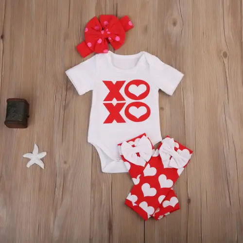  Valentine Newborn Baby Girls Romper Outfits Leg Warmer+Bowknot Headband Set