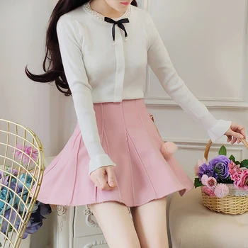 

2018 winter princess wind cute suit bowknot knitwear beading sweater & High waist tweed skirt two piece clothing set vestido