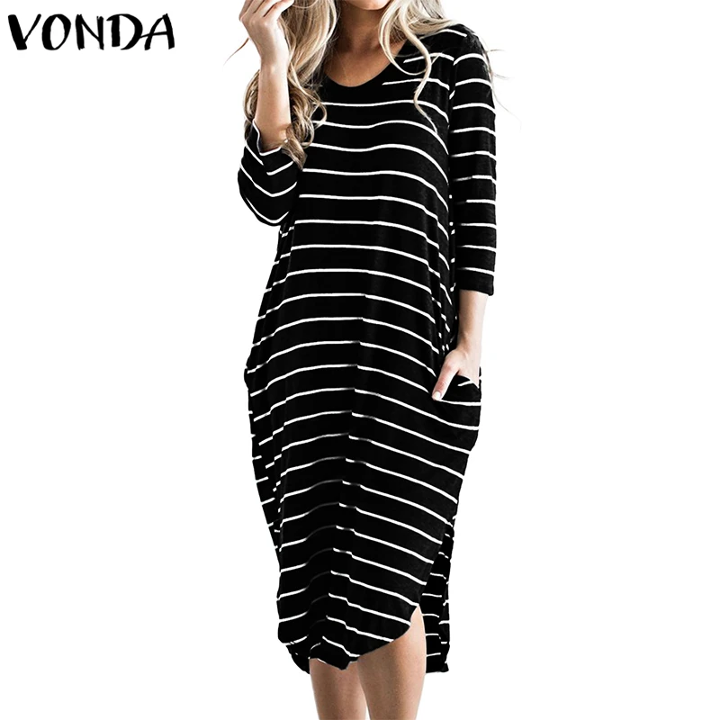 VONDA النساء مخطط اللباس 2019 الربيع الخريف السببية فضفاض 3/4 كم س الرقبة جيوب غير المتماثلة سبليت منتصف العجل زائد حجم Vestidos
