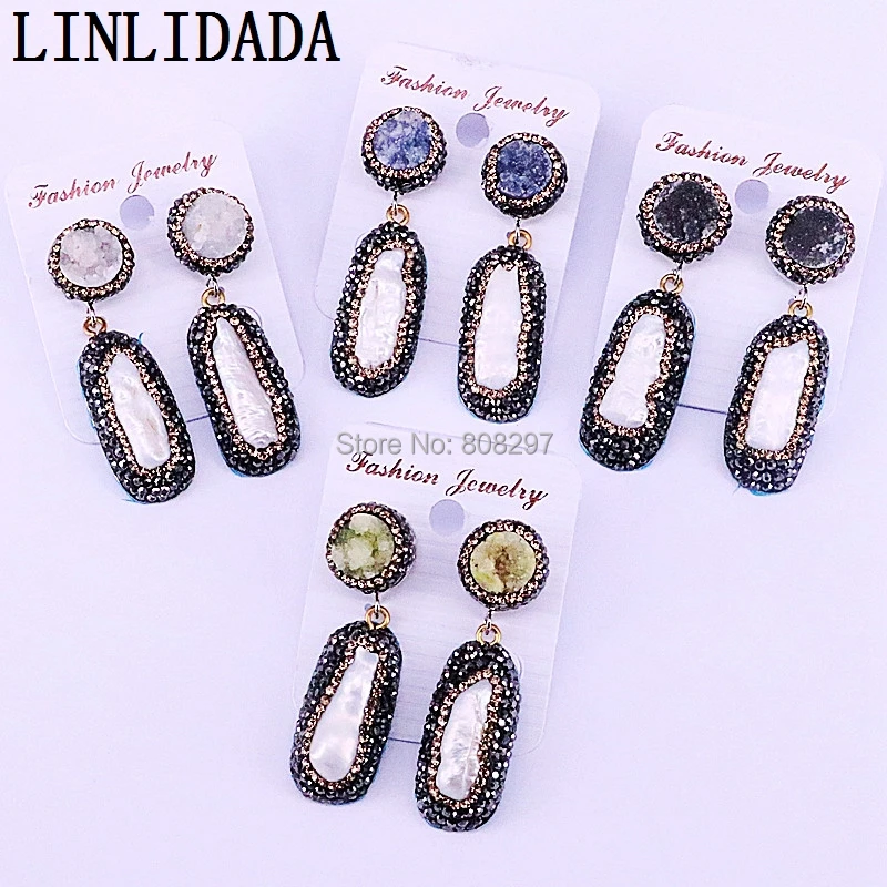 

4Pair Fashion Crystal Rhinestone Pave freshwater pearls earrings gems jewelry gift for lady