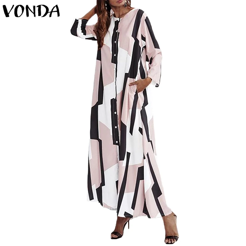 VONDA البوهيمي المرأة فستان طويل 2019 الصيف يا الرقبة كم طويل الأزهار المطبوعة فستان مناسبات عارضة فضفاض حزب Vestido زائد حجم