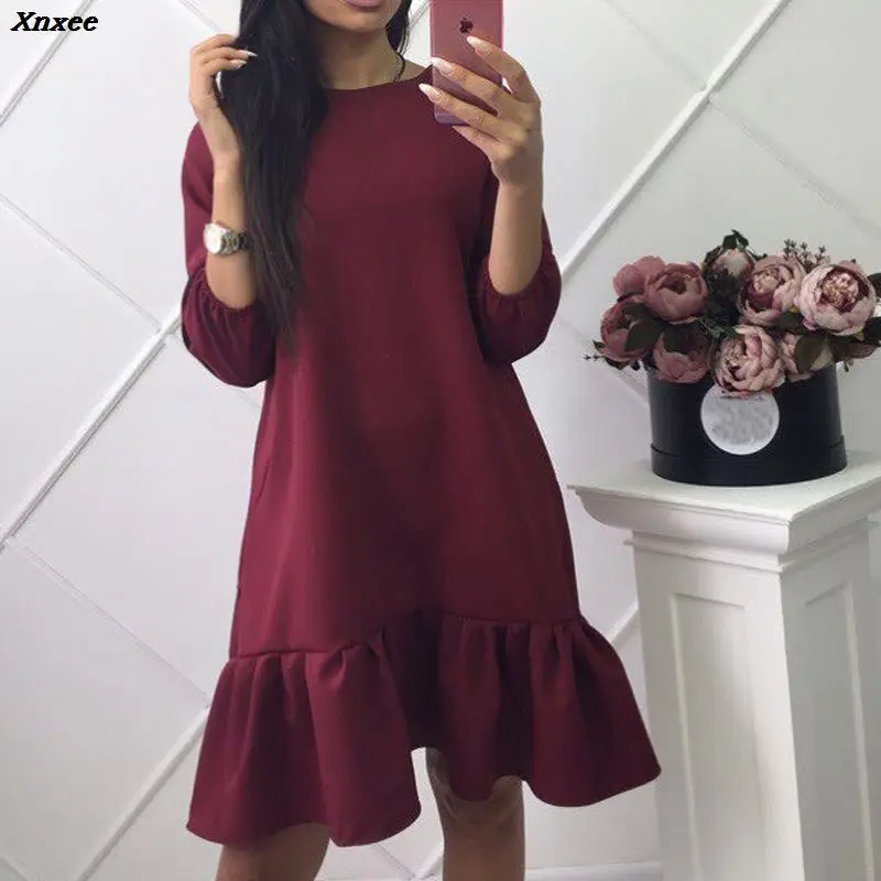 

Solid Colour Three Quarter Ruffles Autumn Dress 2019 Women Lantern Sleeve O-neck Loose Casual Mini Dresses Vestidos Xnxee