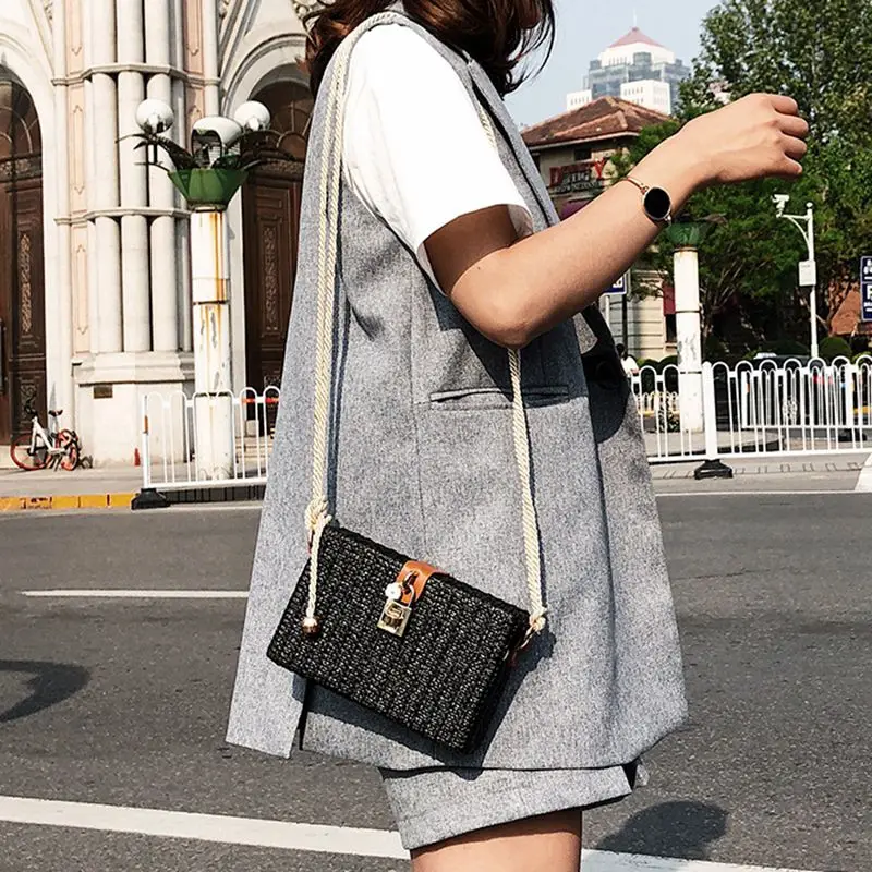 

Beach Handbags Women Messenger Bags Square Straw Hand Woven Ladies Crossbody Bag Shoulder Rattan Bags