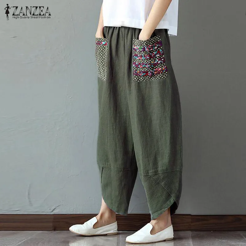 

Vintage Linen Pants ZANZEA 2020 Women's Trousers Elastic Waist Palazzo Female Patchwork Wide Leg Pantalon Plus Size Harem Pants