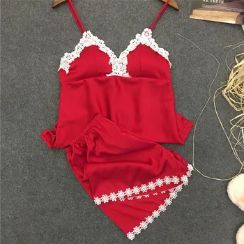 

2018 Women Sexy Pajamas Satin Silk Pijamas Sleepwear Babydoll Deep V Sling Lingerie Nightdress Pyjamas Suit Set