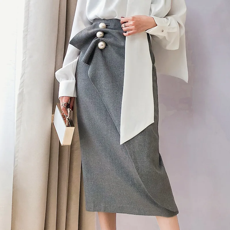

DEAT 2019 New Fashion Women Clothing Pearls Pleated Covered Hips High Waist Skirt OL Spring And Summer WD31802L