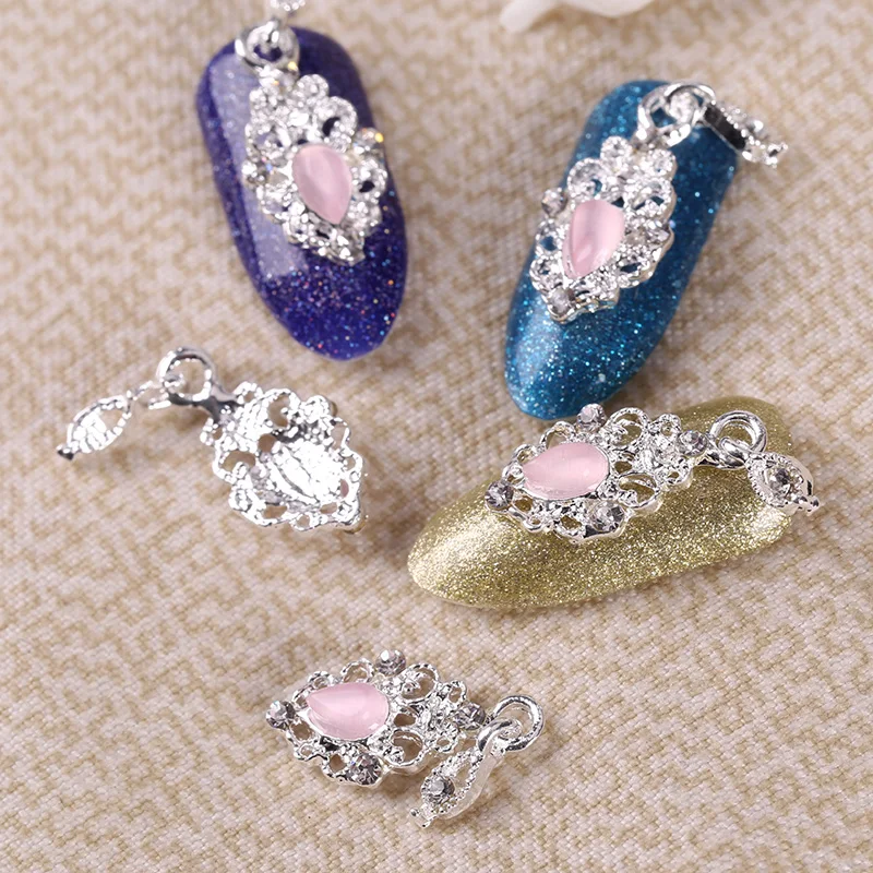 

Blueness 10Pcs 3D Nail Art Decoration DIY Alloy Silver Nail Rhinestone Pendant Design Pink Crystal Nails Accessories Manicure