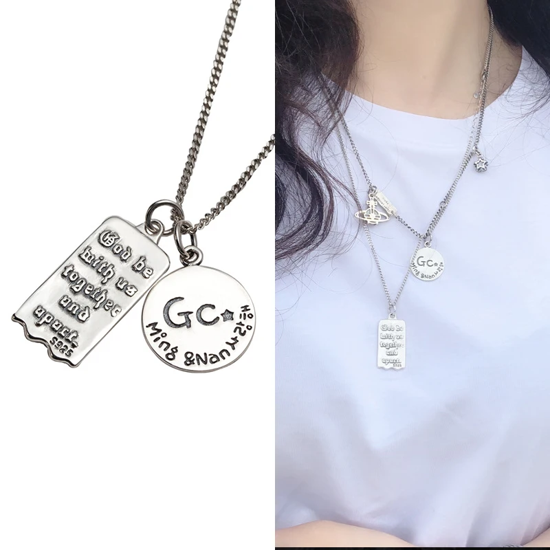 

Women's Statement Necklace Real Silver 925 Round Square Pendants Letters Pattern Long Necklace Chain Fashion Women Jewelry F708