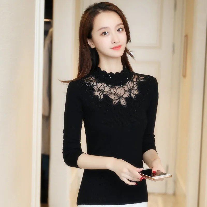 Hot Sale Autumn Winter Women Elastic Solid Turtleneck Lace Sweater Slim Sexy Hollow Out Tight Bottoming Knitted Pullovers
