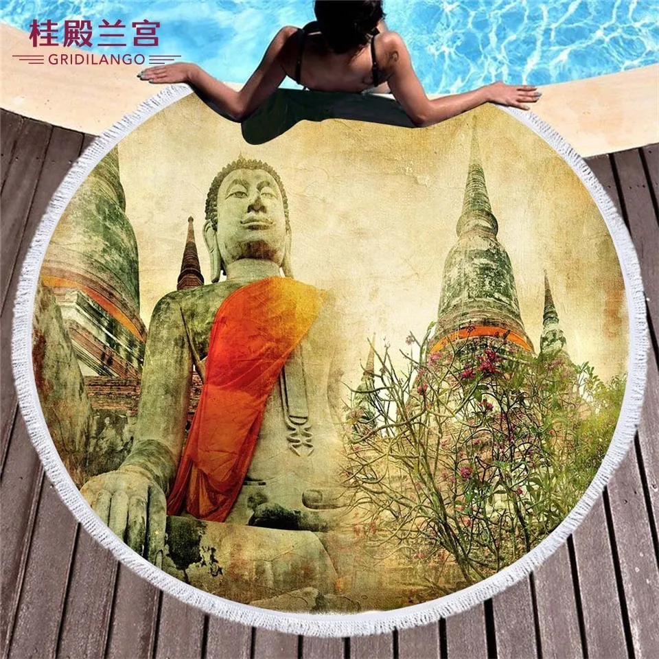 

GRIDILANGO Closed Eyed Buddha Statue Round Beach Towel For Adult Quickly Absorbtable Swimming Travel Outdoor Yoga Mat Bath Towel