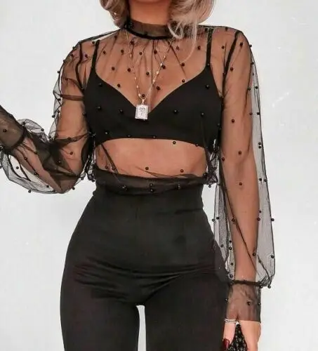 2019 для женщин обувь девочек сетки Sheer Crop Top с длинным рукавом Прозрачный рубашка
