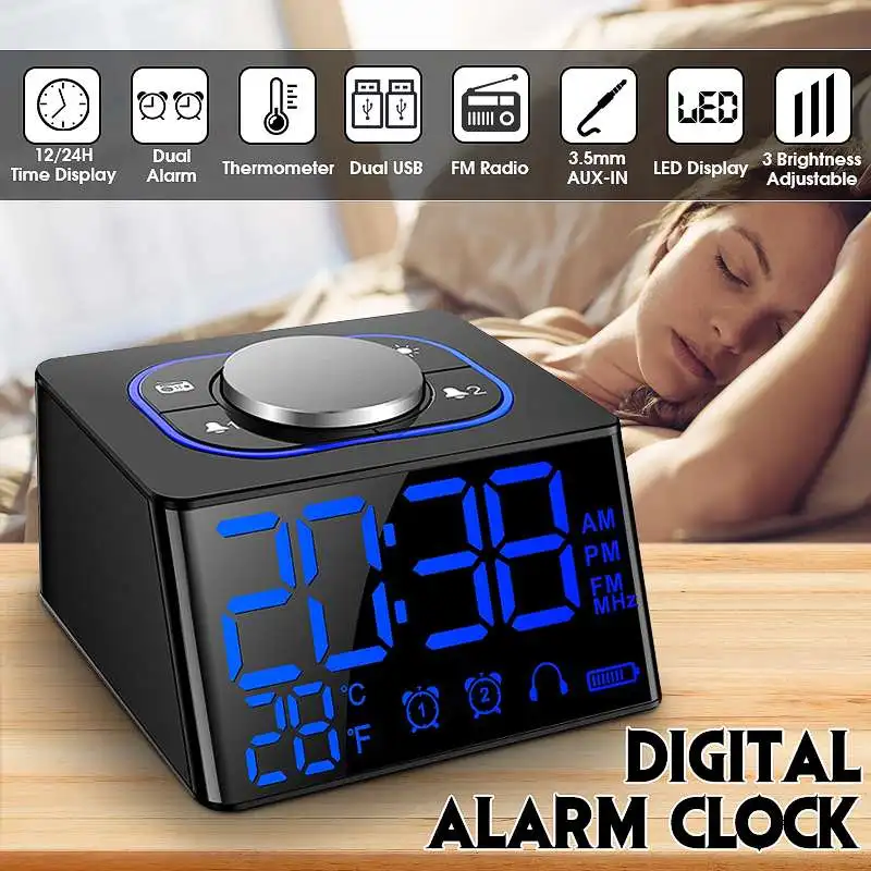 

Mini LCD Digital FM Radio Speaker with Alarm Clock and Time Display Function Thermometer 2 USB Charging Port Charging Cable
