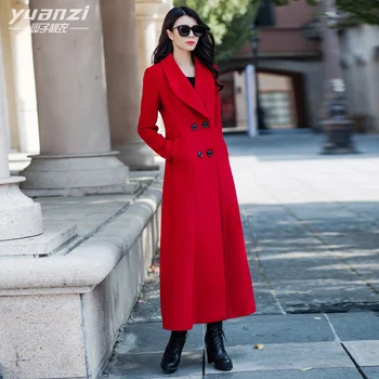 

2019 New Cashmere Coat Women Fashion Large lapel double-breasted Slim Overcoat Winter Long Big Pendulum Red Wool Coat female