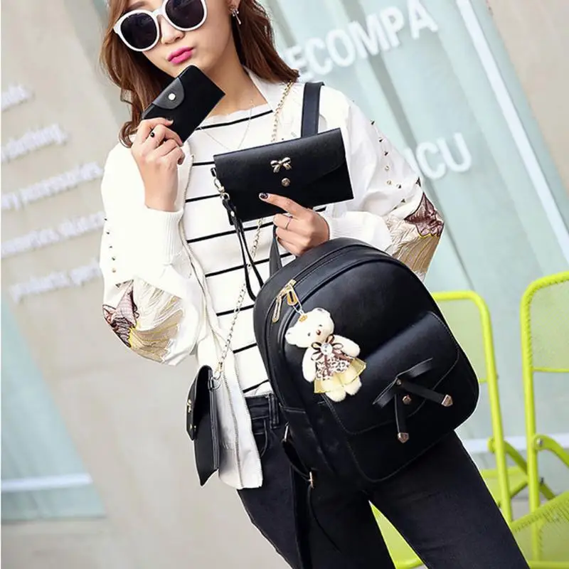 

4pcs Preppy Chic Women PU Leather Bowknot Backpack Shoulder Bag Clutch Bag