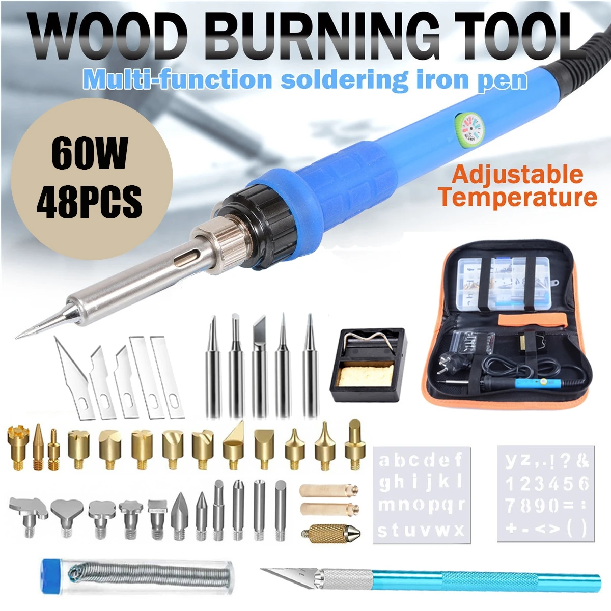 

48pcs Adjustable Temperature Electric Soldering Iron Set Wood Burning Pen Soldering Iron Kit Pyrography Craft Woodburning Tips