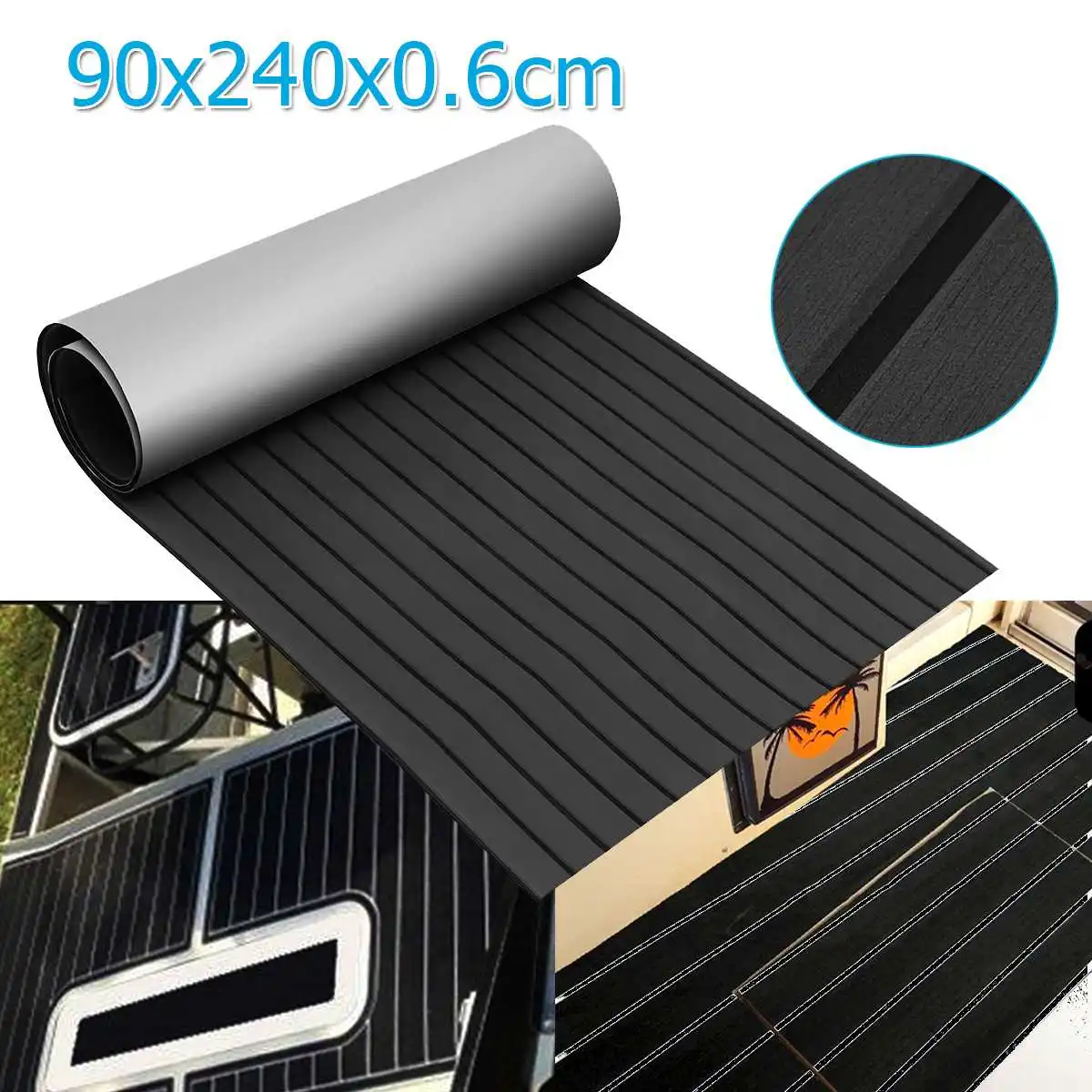 

90cm X 240cm X 0.6cm Self Adhesive EVA Foam Teak Deck Sheet Boat Yacht Synthetic Decking Foam Floor Mat Black With Grey Strips