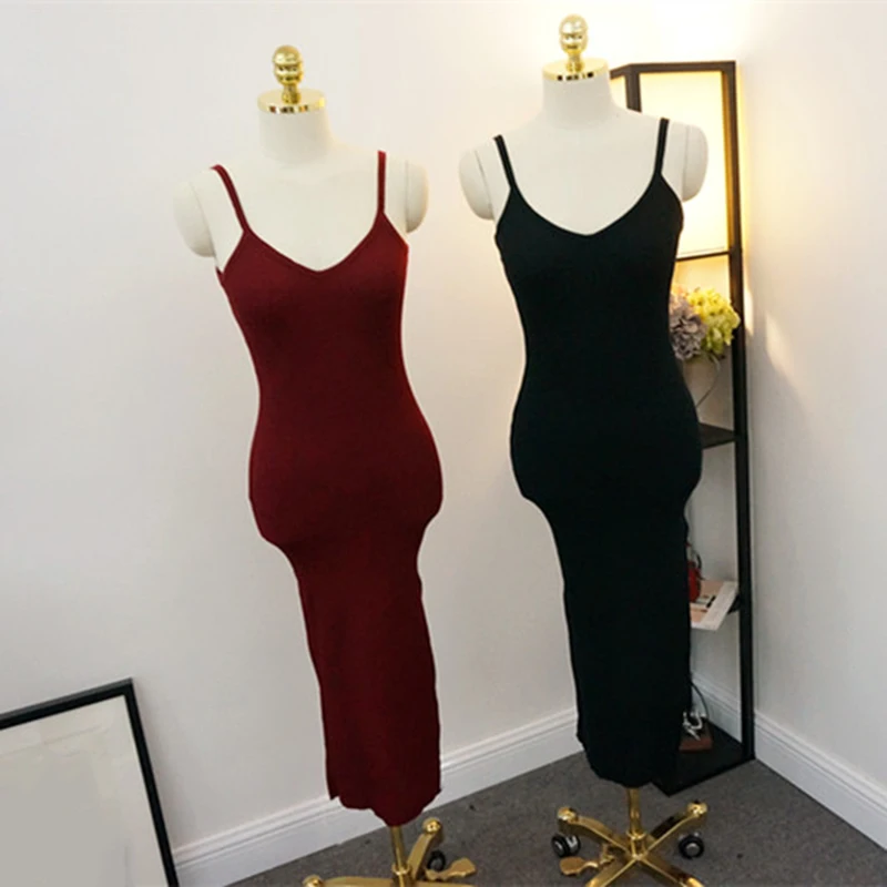 

2019 Summer Women Sexy Dress Solid Knitted V-Neck Empire Party Dress Sheath Spaghetti Strap Sleeveless Vestidos Cute Clothing