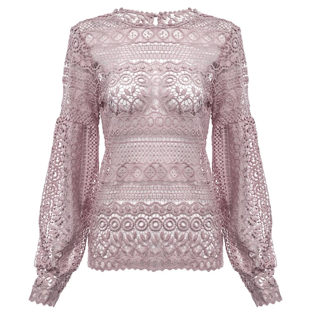 Sexy Round Collar Lantern Sleeve Hollow Out Women Lace Blouse |