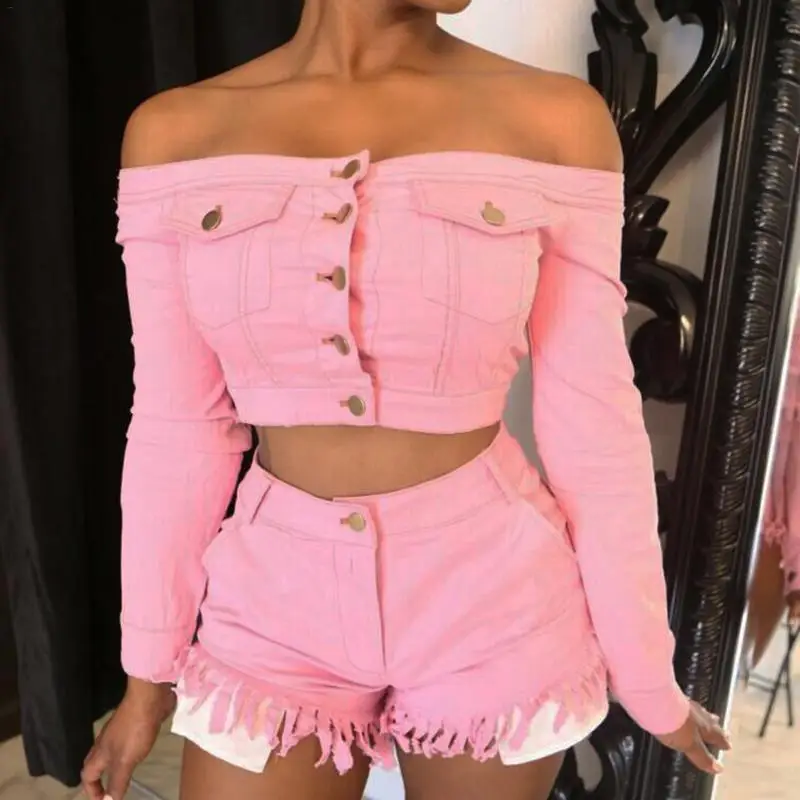 أنيقة اثنين من قطعة دعوى مثير الوردي خارج على الكتف طويل الأكمام سترة الدنيم شرابة السراويل دعوى السيدات قمم مجموعة تي شيرتات قصيرة للأطفال ...