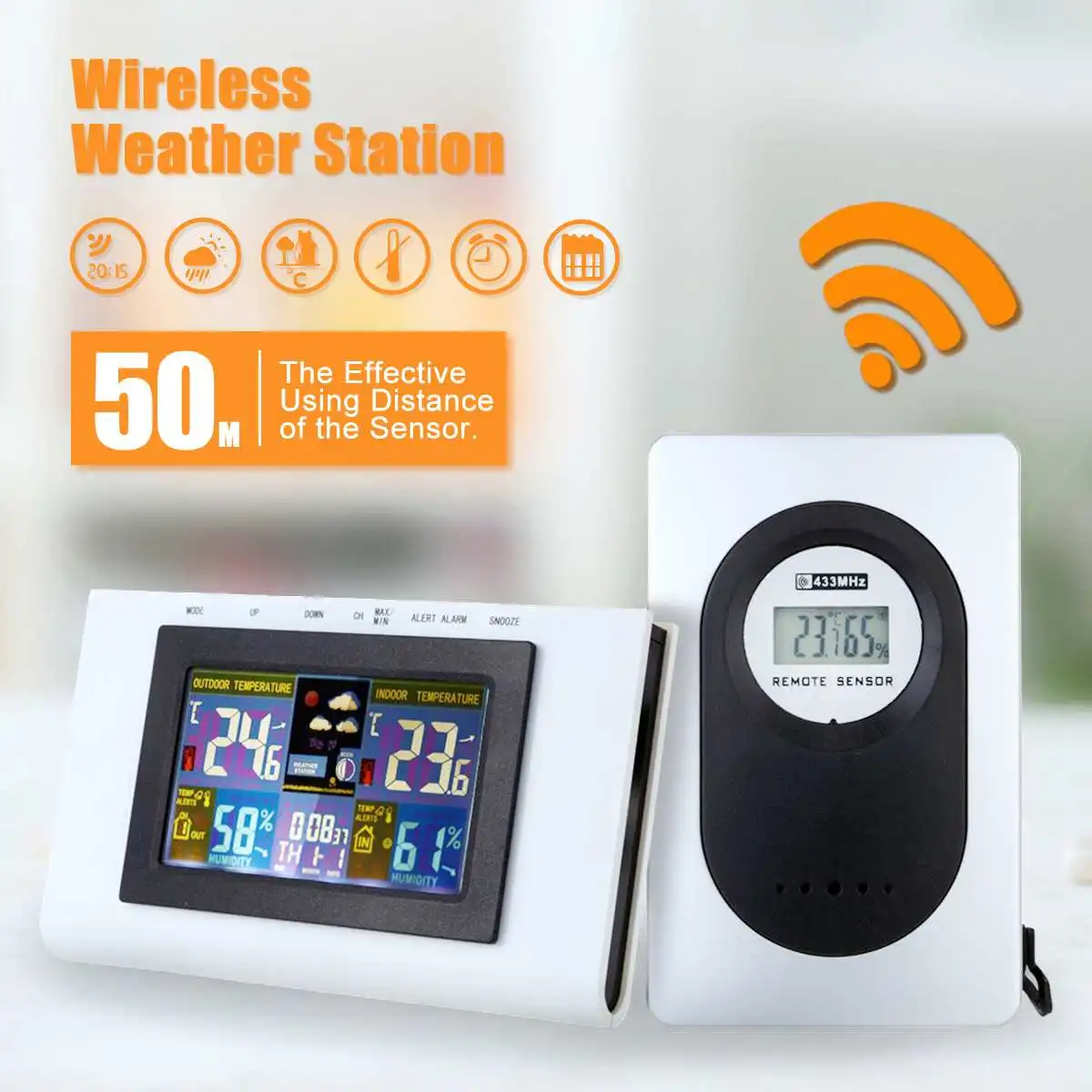 

433MHz Wireless Weather Station Temperature Humidity Wireless Colorful Hygrometer Alarm Clock Weather forecast with Senor
