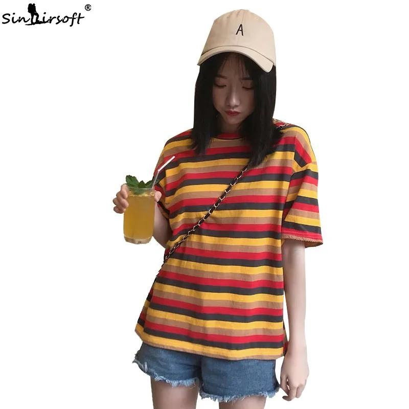 

Women's Casual Striped O-Neck Tshirt Loose Oversize Cotton Shorts Female Streetwear Sweety T Shirt Summer Fashion Tops Clothes