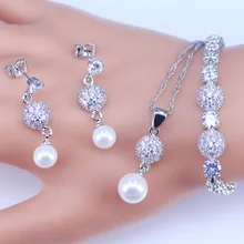 925 пробы, серебряные Ювелирные наборы для женщин, вечерние аксессуары, жемчужные бусы, белый кристалл, серьги, ожерелье, браслет