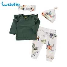 Wisefin/милый комплект одежды для маленьких девочек, зимний комплект одежды для малышей, хлопковый комплект из 4 предметов: Топ+ штаны+ повязка на голову+ шапочка, комплект одежды с длинными рукавами для маленьких девочек