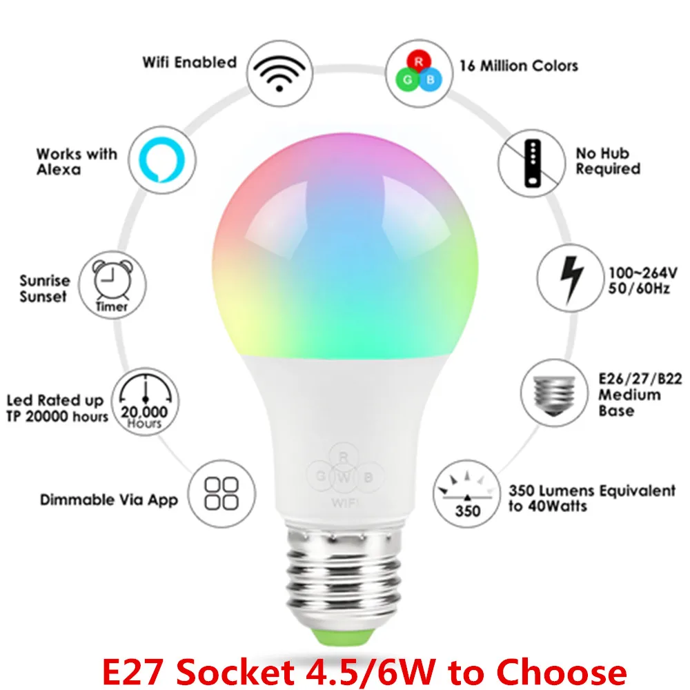 New E27 Smart Wifi Bulb RGBW Dimmable LED Bulb Light Bulb Magic