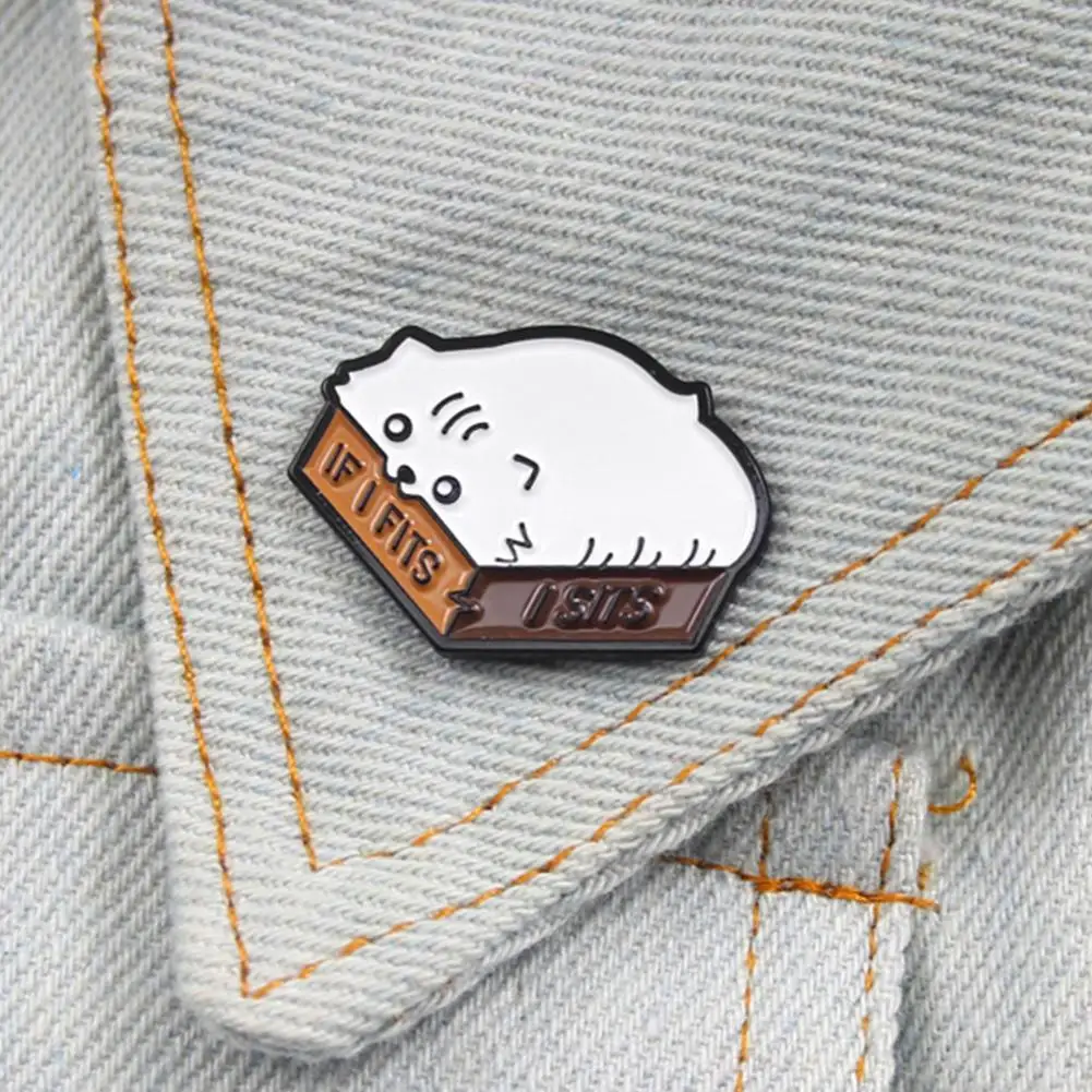 

Cartoon Cat Enamel English Letter If I Fits I Sits Brooch Pin Collar Badge Decor