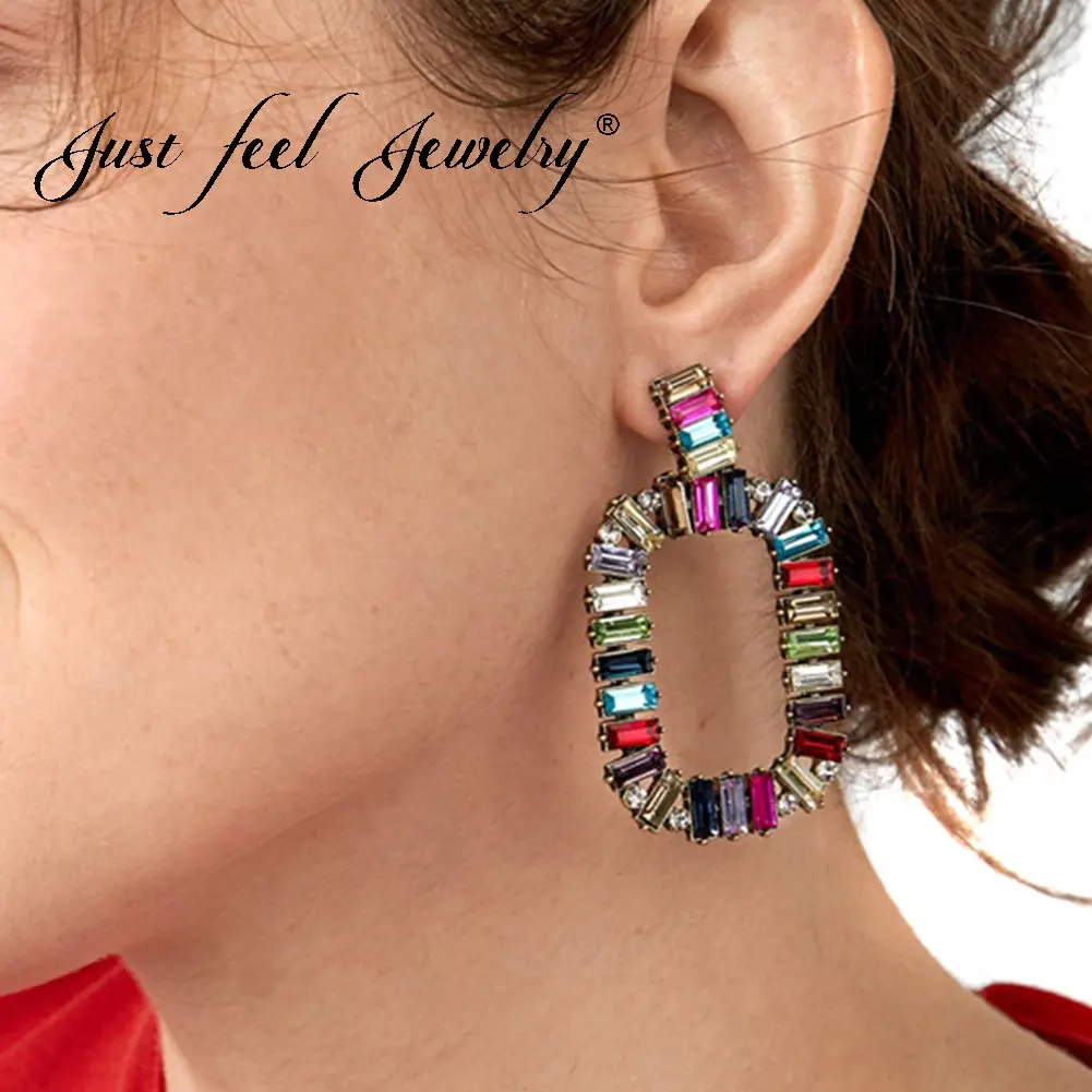 

JUST FEEL 2019 New Fashion Crystal Stud Earrings For Women Boho Ethnic Handmade Geometric Statement Earring Vintage Hot Jewelry