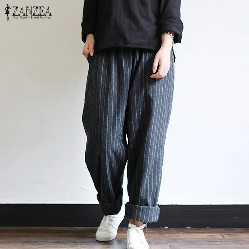 

ZANZEA 2019 Spring Striped Pants Women Casual Baggy Turnip Long Pantalon Palazzo Midi Elastic Waist Harem Pants Oversized 5XL