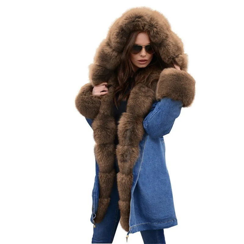 Ruiyige 2018 New Denim Parkas Women Winter Coat Cotton Female Winter Jacket Womens Fur Hood Outwear Female Fashion Denim Coats