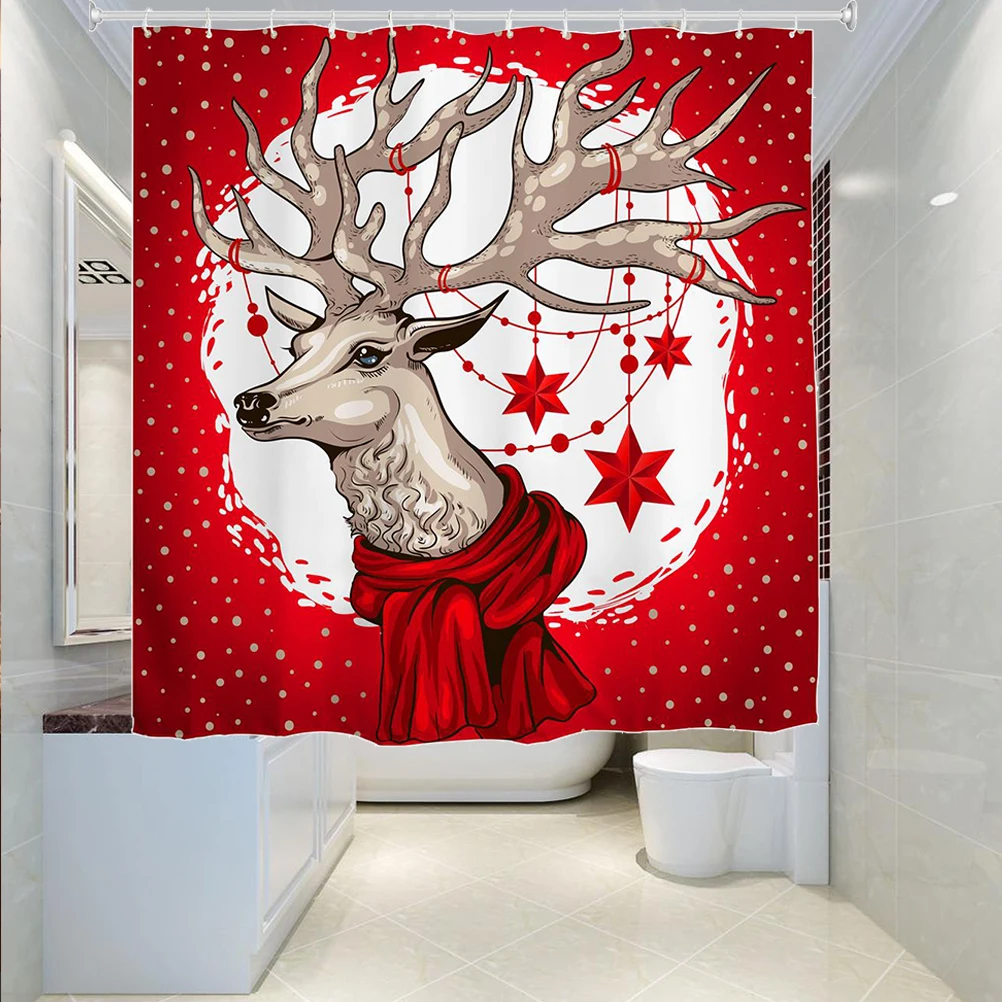 

Shower Curtain Ribbon Printing Bells Waterproof Christmas 3D Bath Show Bathtub Curtain Bathroom Curtain for Home with Rings
