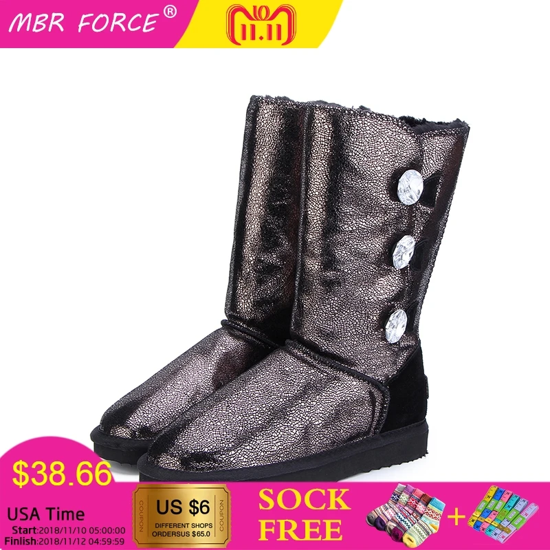 

MBR FORCE Women Fur Winter Boots Mujer Botas Waterproof Genuine Cowhide Leather Snow Boots Warm Wool High Boots for Women