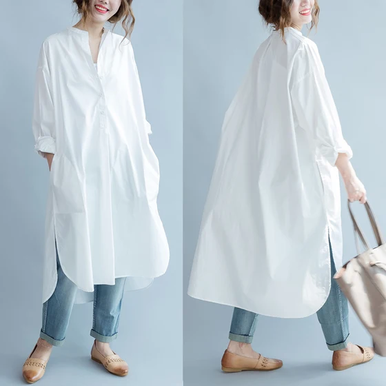 

GetSpring Women Shirt Dress Long Sleeve Dress Long Loose Asymmetric Casual Women Shirt Dress White Summer Cotton Plus Size