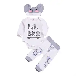 2019 новый осенний комплект одежды для маленьких мальчиков, хлопковый комбинезон с длинными рукавами и принтом слона + брюки + шапочка, 3 шт