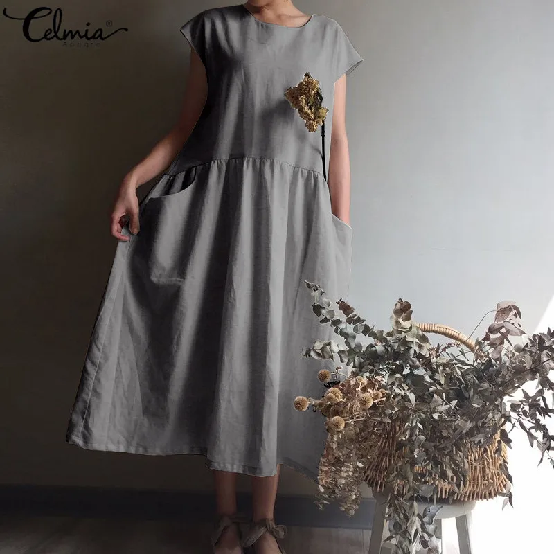 Celmia Women Vintage Linen Dress 2019 Summer Plus Size Sundress Ladies Short Sleeve Casual Loose Pl