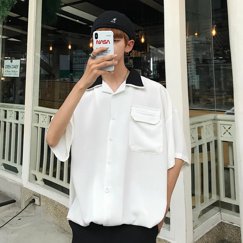 

2019Summer New Men's Short Sleeve Lapel White Thin Long Clothes Student Hot Chinese Style camisa masculina Striped Free shipping