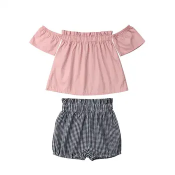 

2Pcs Girl Solid Off-Shoulder Short Tops Shorts Outfit Clothes
